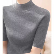 軟糯羊毛衫半高領(lǐng)短袖五分袖毛衣女秋季內搭套頭修身顯瘦針織衫 淺灰色 2XL 建議120-130斤