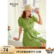 Olrain歐芮兒夏裝女裝V領(lǐng)短袖格子連衣裙女中長(cháng)款收腰顯瘦綠色A字裙 綠色格子 M