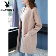 花花公子（PLAYBOY）2025秋冬新款外套V領(lǐng)開(kāi)衫毛衣女韓版寬松中長(cháng)款針織衫上衣慵懶風(fēng) 駝色 M 80斤-95斤