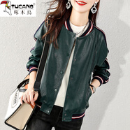 啄木鳥(niǎo)2026秋季新品秋裝氣質(zhì)顯瘦減齡皮衣夾克女棒球服外套女上衣 綠色 L