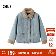 森馬（Semir）牛仔棉服女拼接毛領(lǐng)美式復(fù)古2024冬寬松毛邊夾克街頭109724108017