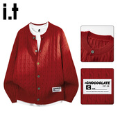 :CHOCOOLATEit麻花紋開(kāi)衫針織衫毛衣男秋冬季新款潮防寒休閑外套 中國紅 3XL