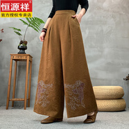 恒源祥復(fù)古提花棉麻繡花闊腿褲女民族風(fēng)春秋新款國(guó)風(fēng)松緊腰氣質(zhì)大腳褲子 焦糖 2XL 建議110-125斤