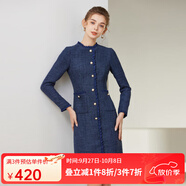 經(jīng)典故事（JANE STORY）高端小香風(fēng)連衣裙秋季2025新款設計感木耳邊洋氣修身呢料裙子女 深藍色 2XL