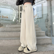 恬瑩女童褲子秋款2025新款兒童闊腿褲秋冬女大童加絨超好看直筒運動(dòng)褲 米白色 160 （建議身高145-155CM）