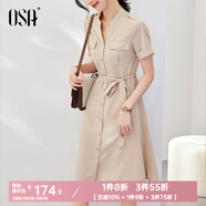 歐莎（OSA）氣質(zhì)職業(yè)連衣裙子女夏季新款中長款收腰顯瘦正裝襯衫裙子 奶茶色 L