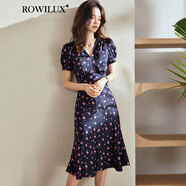 ROWILUX羅威奢品碎花連衣裙女2025夏裝新款氣質(zhì)花色修身緞面魚(yú)尾擺裙子 花色 S