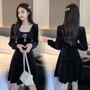 木清清2025年春秋新款連衣裙女小眾洋氣收腰顯瘦亮閃閃小個子韓國絨黑裙 黑色 M