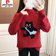 皮爾卡丹半高領(lǐng)加厚毛衣少女冬季內(nèi)搭加絨打底針織衫 色大紅色 貓背魚 S 85-100斤