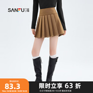 三福短裙2024冬季呢料百褶裙高腰防走光內襯半裙女裝491085 棕色 S