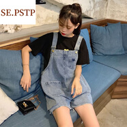 夏典素訂女王（SE.PSTP）減齡氣質(zhì)蝴蝶結(jié)牛仔背帶短褲女夏季大碼胖mm小個(gè)子洋氣顯瘦連體褲 藍(lán)色破洞牛仔背帶短褲單件 S