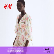 H&M女裝花卉連衣裙2025夏季新款度假風喇叭袖褶紋連身裙1295133 奶油色/花卉 2XL 175/128