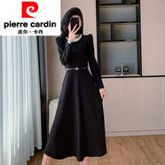 皮爾卡丹（pierre cardin）名媛時(shí)尚氣質(zhì)收腰顯瘦長(zhǎng)袖珍珠連衣裙洋氣紅色晚禮服結(jié)婚訂婚 黑色原版 送腰帶 XL