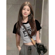 森馬（Semir）今年流行撞色短袖t恤女夏季美式辣妹風(fēng)插肩修身顯瘦絕美短款上衣 黑拼灰色 S (90斤-110斤)