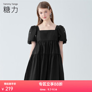 糖力【商場同款】糖力減齡娃娃裙縫鉆泡泡袖方領(lǐng)露背蝴蝶結(jié)連衣裙女夏 黑色 M