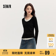 森馬毛衣女拼色假兩件毛衫修身春秋圓領套頭衫顯瘦109524107002