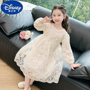 迪士尼（Disney）女童連衣裙春秋裝2025新款兒童洋氣仙女裙子女孩氣質(zhì)蕾絲公主裙潮 杏色碎花蕾絲連衣裙 90