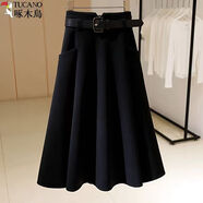 啄木鳥(niǎo)高腰赫本風(fēng)毛呢半身裙女裝2025秋冬新款氣質(zhì)百搭顯瘦中長(cháng)款傘裙 黑腰帶款洋氣半身裙 L （推薦105-115斤）