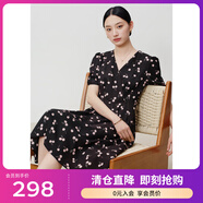 敦奴（DUNNU）dunnu敦奴2024夏季新款中長(zhǎng)款法式V領(lǐng)印花雪紡連衣裙女 正黑色 3XL