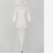 SKYHEART韓版秋綠色復古v領(lǐng)薄款針織連衣裙短袖舒適修身顯瘦顯高腰包臀裙 白色 均碼