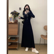 木清清法式格子花邊藏藍色長(cháng)袖連衣裙女2025秋季大碼胖mm收腰中長(cháng)款裙子 圖片色【小個(gè)子/顯瘦遮肉/梨形身材穿搭/獨特別致絕 M 【80-100斤】