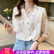 襯衫女新款春夏季印花女士短袖寬松中袖襯衣時(shí)尚職業(yè)女式雪紡衫上衣 圖片色 L