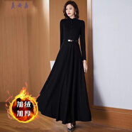 美安嘉秋冬長(cháng)袖加絨加厚連衣裙女長(cháng)款到腳踝年新款春季氣質(zhì)超長(cháng)裙子 黑色【加絨款】 3XL