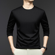 勁霸（JinBa）桑蠶絲長(cháng)袖T恤男春秋圓領(lǐng)打底衫莫代爾內搭體恤上衣 黑色 3XL 190