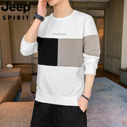 JEEP SPIRIT吉普男撞色拼接長袖T恤2025春秋季圓領(lǐng)衛(wèi)衣休閑上衣套頭加絨體恤 WE006白色 M