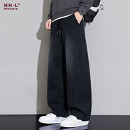 蕭蕭布落2025秋季新款彎刀牛仔褲男士寬松直筒美式高街潮牌水洗休閑長褲子 F645-黑色 M 【100-120斤】