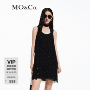 MO&Co.連衣裙春夏法式搖滾鉚釘桑蠶絲人絲飄帶切口下擺吊帶裙摩安珂 黑色 M 165