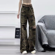 木清清破洞釘珠迷彩牛仔褲女款2025年夏季新款寬松顯瘦拖地闊腿直筒長(cháng)褲 S 均碼 迷彩