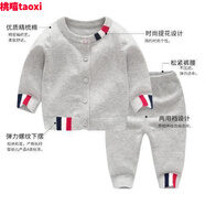 一歲寶寶衣服秋天針織套裝一歲寶寶衣服寶寶毛衣套裝春秋裝嬰兒針織開(kāi)衫男女小童線衣外套新生兒衣服紗衣 新英倫款灰色 90 (適合15-24個(gè)月)