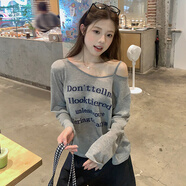 佐敘 罩衫 吊帶2025新款設計感小眾不規則上衣長(cháng)袖外套一字肩寬松T恤 灰色 S 【建議100斤內】