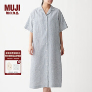 無(wú)印良品 MUJI 女式 法國亞麻水洗 五分袖開(kāi)襟連衣裙 BCL08C0S 米白色X條紋 M-L