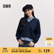 森馬（Semir）森柔棉|商場同款衛(wèi)衣女假兩件條紋春季2025新款翻領(lǐng)開叉衣服 紫藍80635 M 160/84A