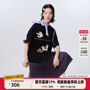 幻走（MOVEUP）2025夏季新款.FUN系列圓領印花壓褶裙擺針織連衣裙 夜黑 S