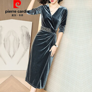 皮爾卡丹（pierre cardin）新品鑲鉆金絲絨連衣裙2025新款長(cháng)袖大碼秋裙收腰顯瘦中長(cháng)款遮肚旗 灰色 XL _110-120斤