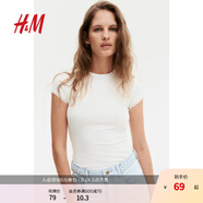 H&M女裝T恤2025秋新款修身蕾絲羅紋修身波嬉風(fēng)穿搭短袖上衣1259418 奶油色 M 165/96