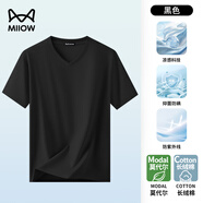 貓人（MiiOW）莫代爾男士V領(lǐng)短袖t恤2025新款打底衫夏季冰絲白色透氣上衣服 黑色 -V領(lǐng) S 【90-105斤合身】