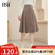 歐莎（OSA）【復(fù)古印象】咖色高腰千鳥格半身裙女秋季新品遮胯顯瘦a字裙 咖色格子 S