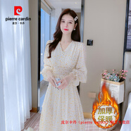 皮爾卡丹（pierre cardin）秋冬印花加絨里襯長(cháng)袖連衣裙女2025甜美V領(lǐng)韓版松緊腰顯瘦打底裙 圖片色加絨 L