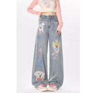 覆古卡通小狗涂鴉牛仔褲女性秋冬新款小寬松直腿休閑闊腿長(cháng)褲 藍色高品質(zhì) S