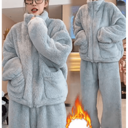 浪莎秋冬新款睡衣女士珊瑚絨加厚時(shí)尚保暖加厚長(cháng)毛絨可外穿家居服套裝 藍色拉鏈【上衣加褲子】 XL 【建議120-140斤】