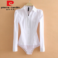 皮爾卡丹通勤職業(yè)氣質(zhì)百搭V領(lǐng)風(fēng)琴褶白襯衫長(cháng)袖連體衣好打理連襠設計 白色 L