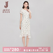 經(jīng)典故事（JANE STORY）經(jīng)典故事短袖碎花連衣裙女2025夏季新款修身洋氣不規(guī)則雪紡魚尾裙 U23 杏帶多色 M