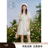 紫涵（ZIHAN）紫涵滿印花方領(lǐng)連衣裙女夏季森系田園風(fēng)寬松高腰短袖短裙 米底印花 XS