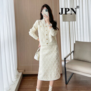 JPN香港潮牌名媛小香風(fēng)時(shí)尚套裝裙女秋冬中長(cháng)款半身裙仿水貂針織兩件 杏色套裝 S