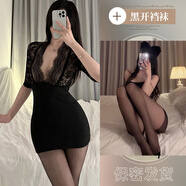 欲欲一試秘書(shū)包臀裙OL制服大碼性感深V蕾絲誘惑緊身夜店情調睡裙 黑色連衣裙+黑開(kāi)檔絲襪 均碼 【80-120斤】