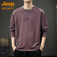 JEEP SPIRIT2025秋季新款重磅刺繡長(cháng)袖T恤男美式竹節棉外穿體恤寬松圓領(lǐng)衛衣 醬紫色 L 合適體重130-145斤
